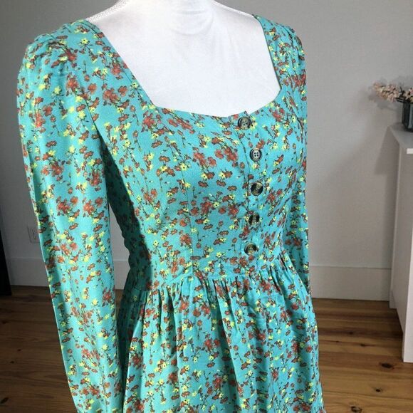 Chelsea & Violet Small Long Sleeve Aqua Cottage Core Dress Prairie Floral Mini - Picture 9 of 12